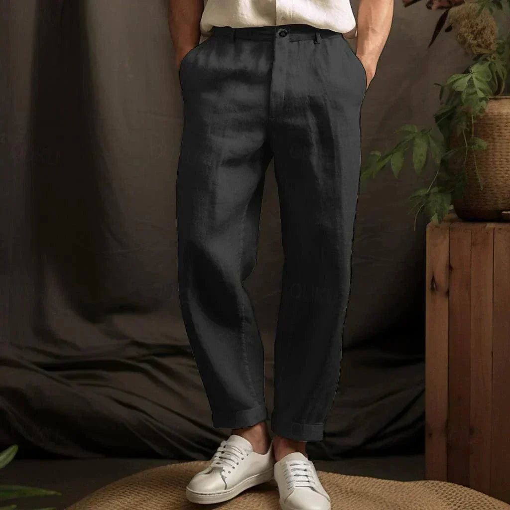 Heren Lange Broek met Omslag, Zijzakken en Knoopsluiting Zwart