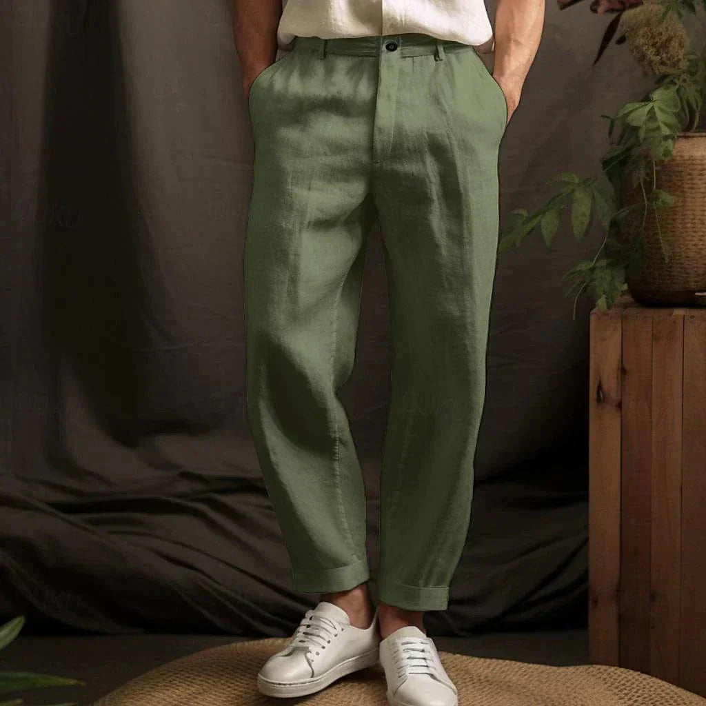 Heren Lange Broek met Omslag, Zijzakken en Knoopsluiting Groen