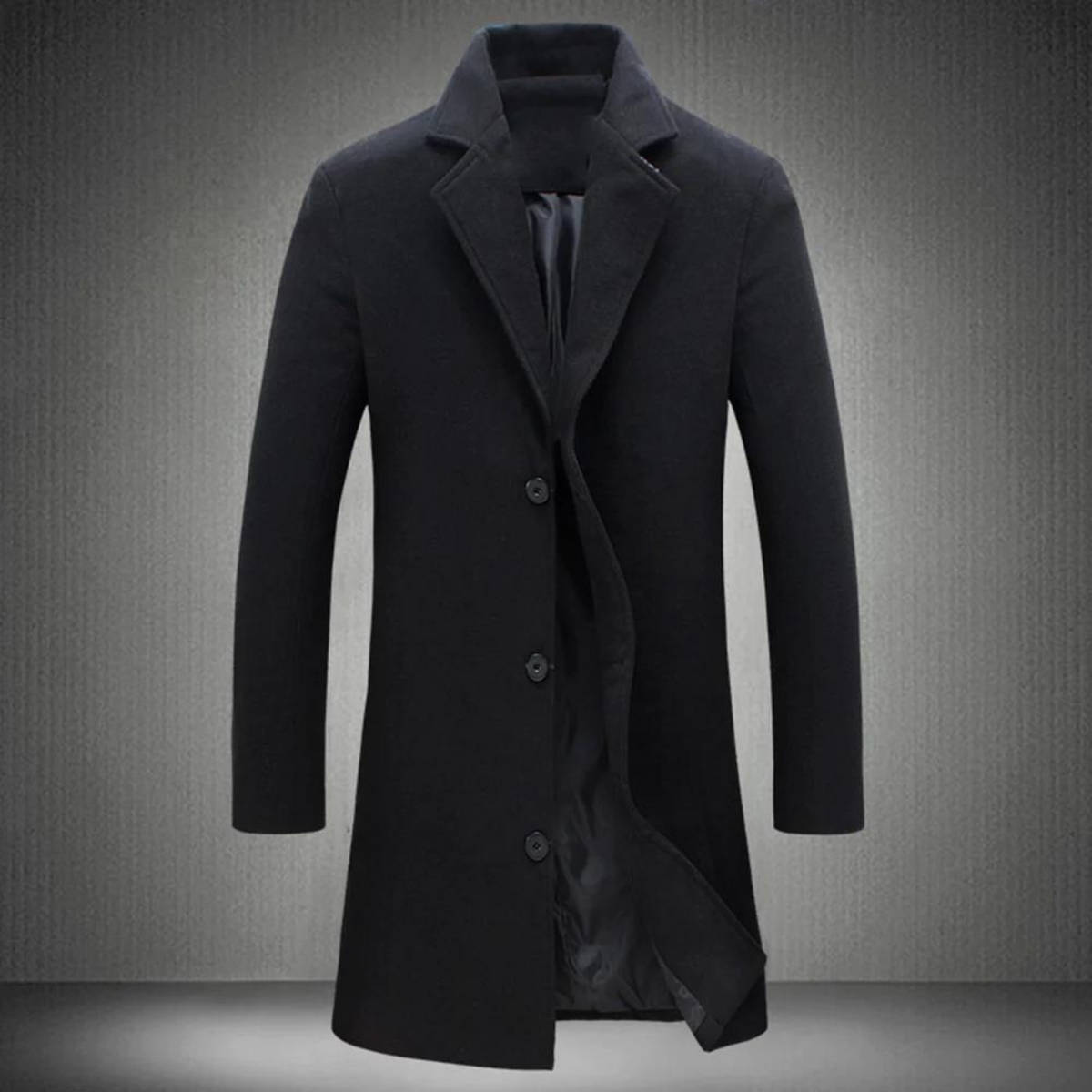 Heren Lange Winterjas met Revers en Knoopsluiting Slim Fit Zwart