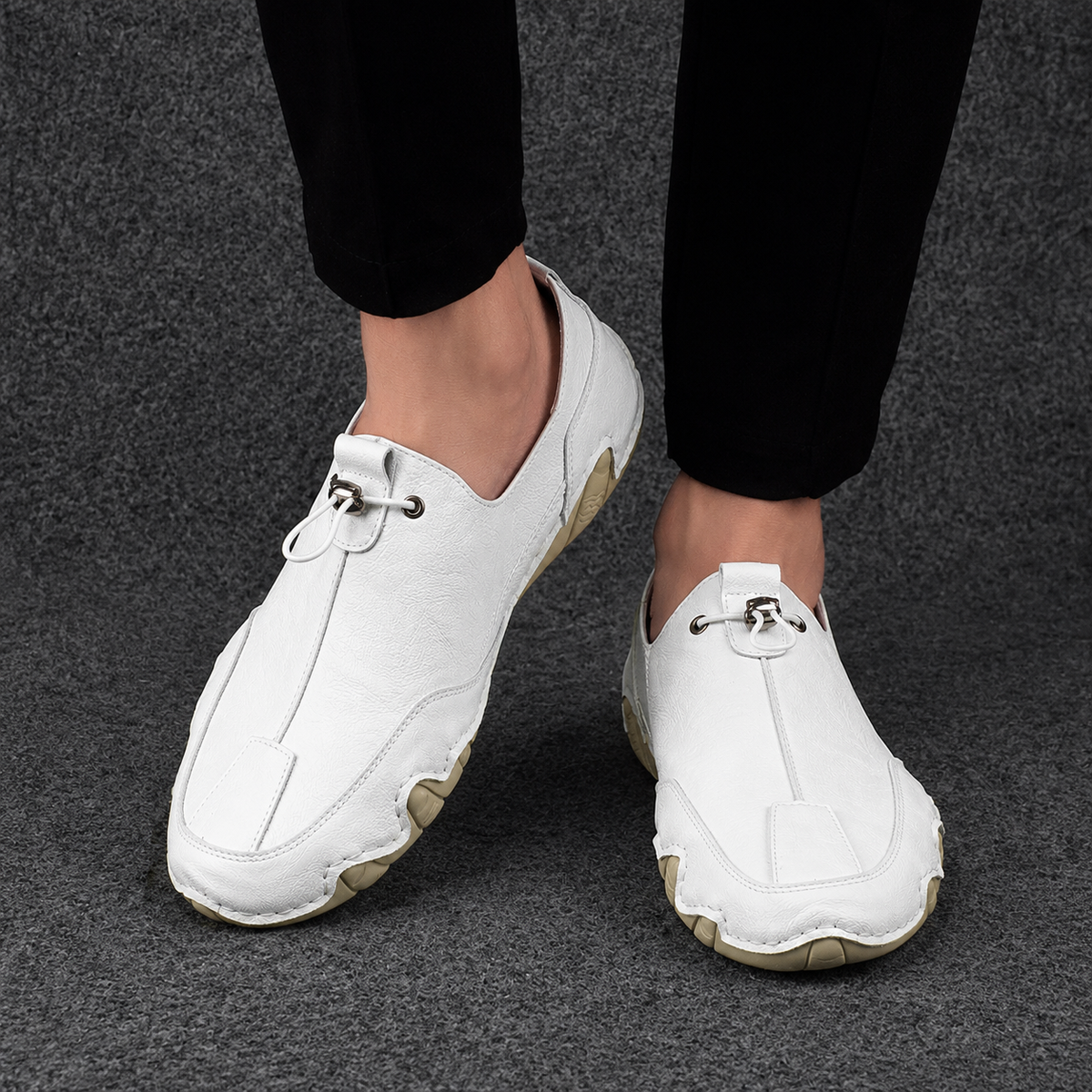 Heren Loafers Slip-on met Trekkoord en Gestructureerde Neus Wit