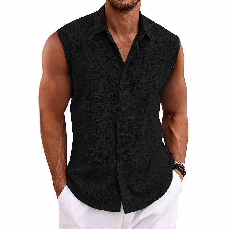 Heren Mouwloos Shirt met Klassieke Kraag en Knoopsluiting Zwart