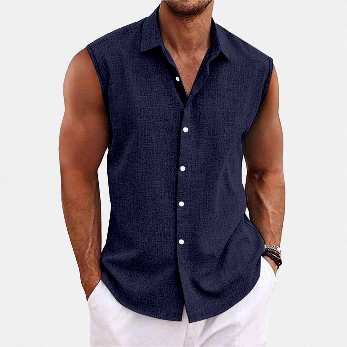 Heren Mouwloos Shirt met Klassieke Kraag en Knoopsluiting Koninklijk Blauw