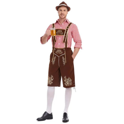 Heren Oktoberfest Kostuum met Lederhosen Shorts, Bretels en Geruit Overhemd Bruin en rode ginghamruit