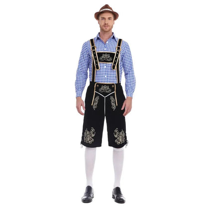 Heren Oktoberfest Kostuum met Lederhosen Shorts, Bretels en Geruit Overhemd Zwart en blauwe ginghamruit
