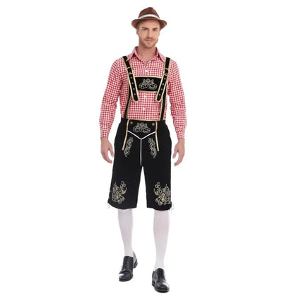 Heren Oktoberfest Kostuum met Lederhosen Shorts, Bretels en Geruit Overhemd Zwart en rode ginghamruit