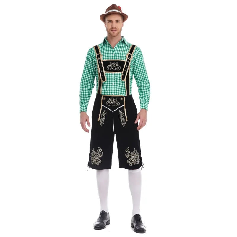 Heren Oktoberfest Kostuum met Lederhosen Shorts, Bretels en Geruit Overhemd Zwart en groene ginghamruit