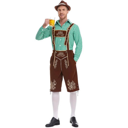 Heren Oktoberfest Kostuum met Lederhosen Shorts, Bretels en Geruit Overhemd Bruin en groene ginghamruit