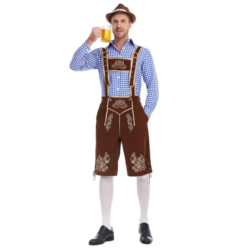 Heren Oktoberfest Kostuum met Lederhosen Shorts, Bretels en Geruit Overhemd Bruin en blauwe ginghamruit