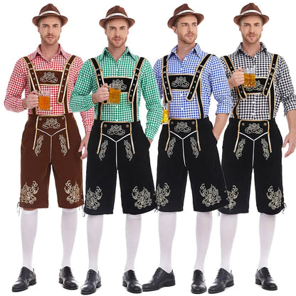 Heren Oktoberfest Kostuum met Lederhosen Shorts, Bretels en Geruit Overhemd
