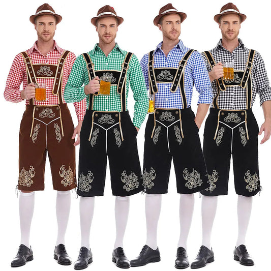 Heren Oktoberfest Kostuum met Lederhosen Shorts, Bretels en Geruit Overhemd
