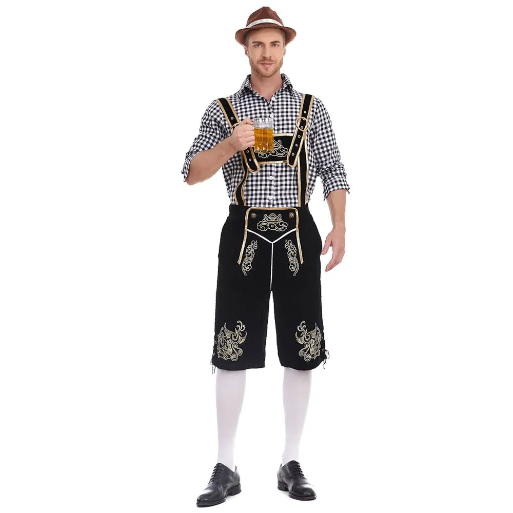 Heren Oktoberfest Kostuum met Lederhosen Shorts, Bretels en Geruit Overhemd