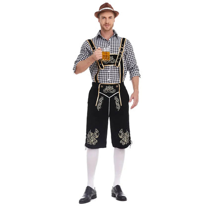 Heren Oktoberfest Kostuum met Lederhosen Shorts, Bretels en Geruit Overhemd