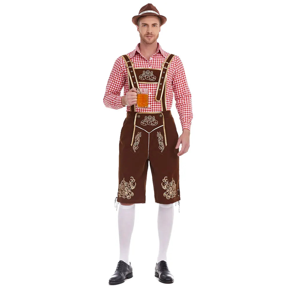 Heren Oktoberfest Kostuum met Lederhosen Shorts, Bretels en Geruit Overhemd