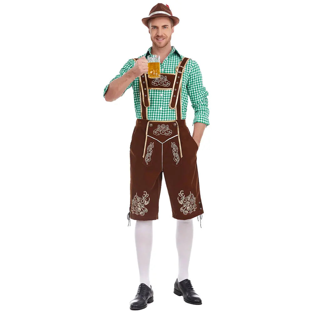 Heren Oktoberfest Kostuum met Lederhosen Shorts, Bretels en Geruit Overhemd