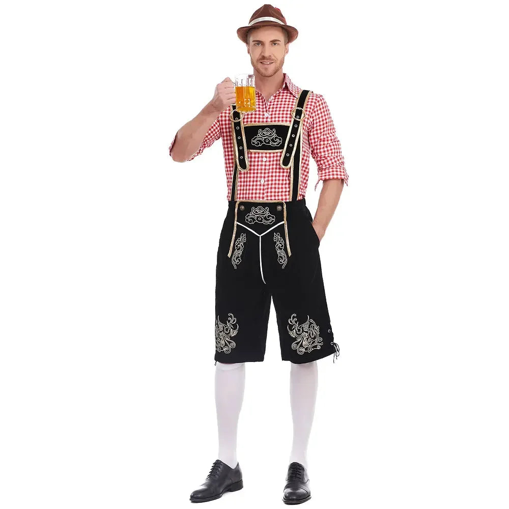 Heren Oktoberfest Kostuum met Lederhosen Shorts, Bretels en Geruit Overhemd