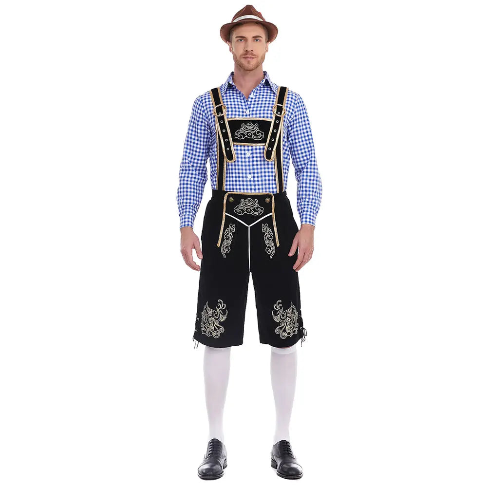 Heren Oktoberfest Kostuum met Lederhosen Shorts, Bretels en Geruit Overhemd