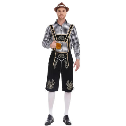 Heren Oktoberfest Kostuum met Lederhosen Shorts, Bretels en Geruit Overhemd Zwart en zwarte ginghamruit
