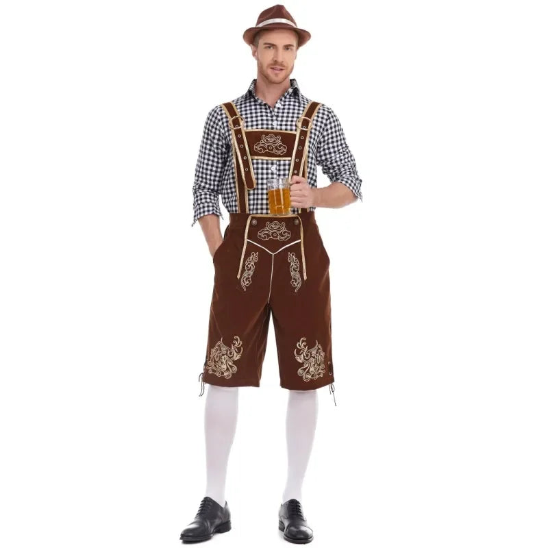 Heren Oktoberfest Kostuum met Lederhosen Shorts, Bretels en Geruit Overhemd Bruin en zwarte ginghamruit
