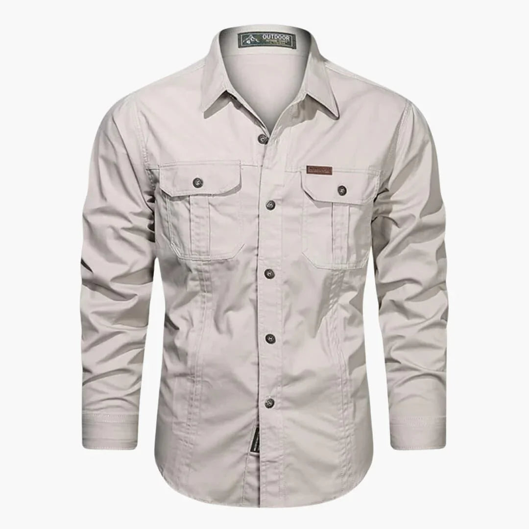 Heren Outdoor Shirt Lange Mouw met Dubbele Borstzakken en Knoopsluiting Beige