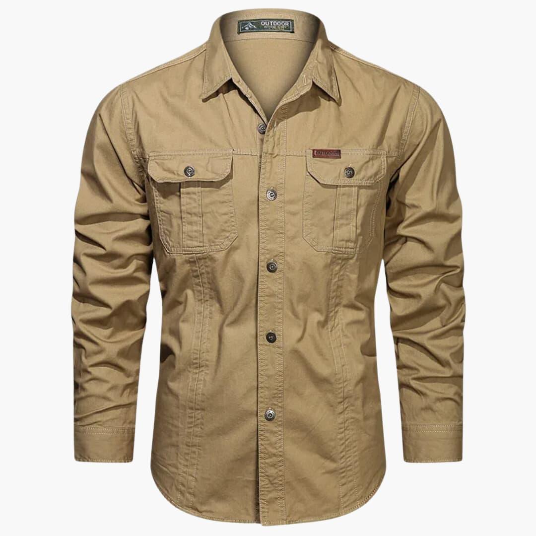 Heren Outdoor Shirt Lange Mouw met Dubbele Borstzakken en Knoopsluiting Khaki