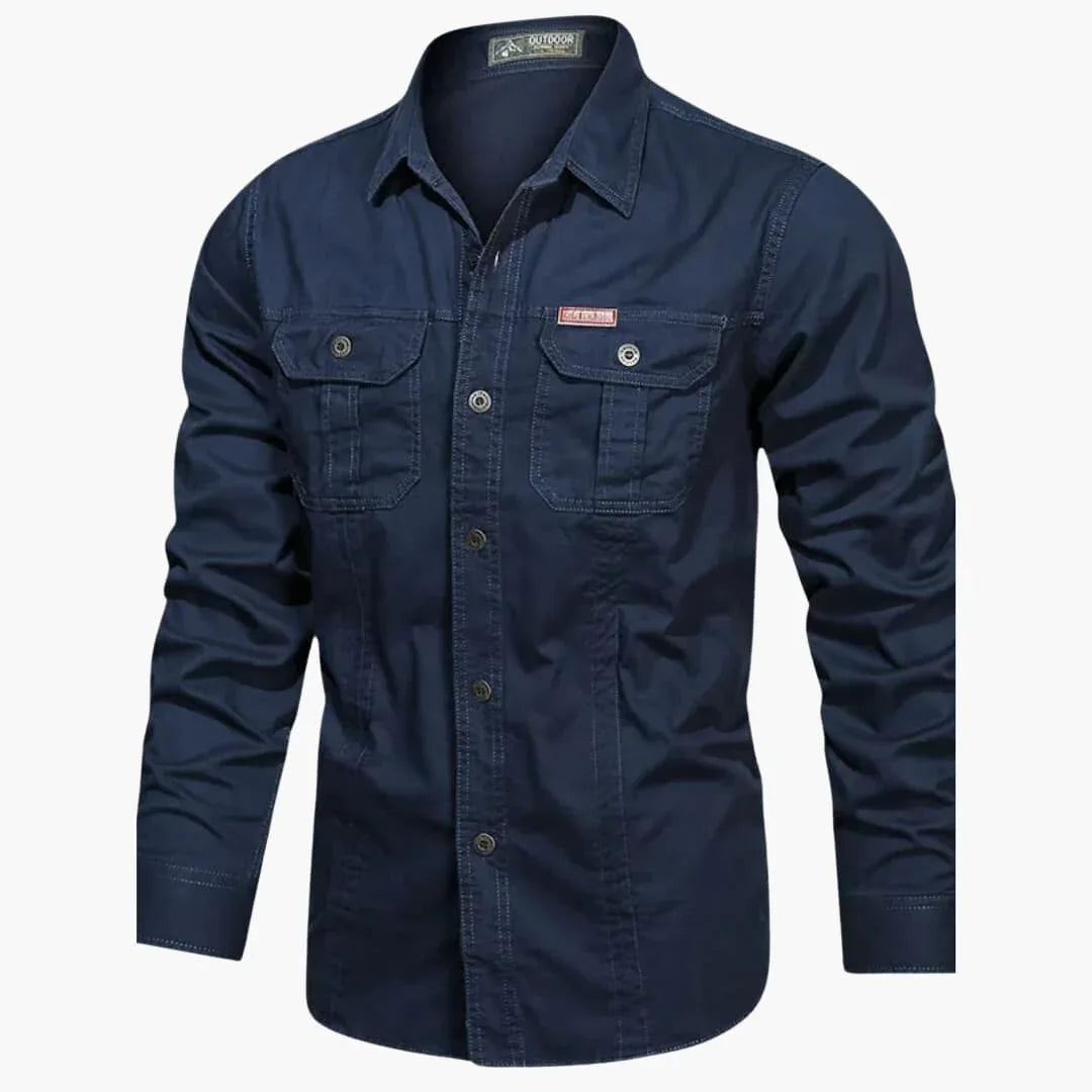 Heren Outdoor Shirt Lange Mouw met Dubbele Borstzakken en Knoopsluiting Donkerblauw