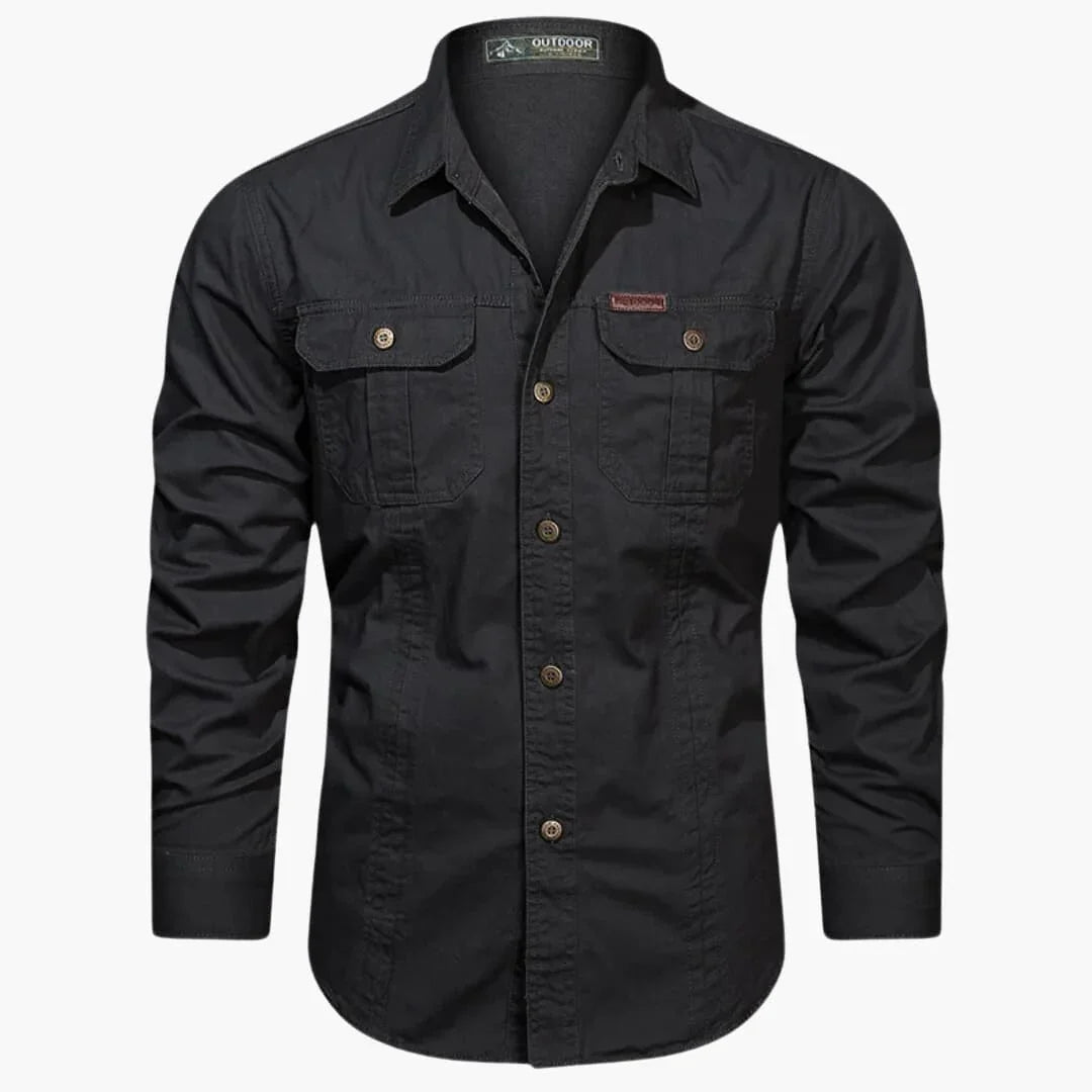 Heren Outdoor Shirt Lange Mouw met Dubbele Borstzakken en Knoopsluiting Zwart