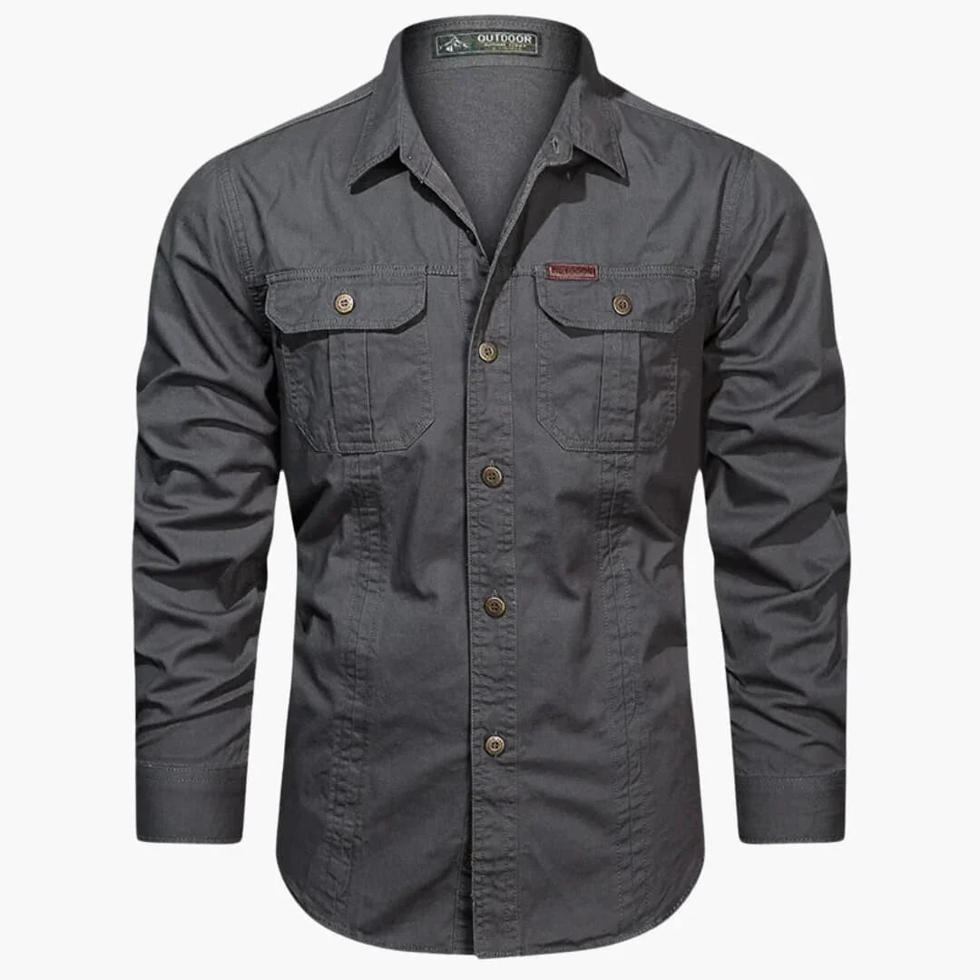 Heren Outdoor Shirt Lange Mouw met Dubbele Borstzakken en Knoopsluiting Donkergrijs