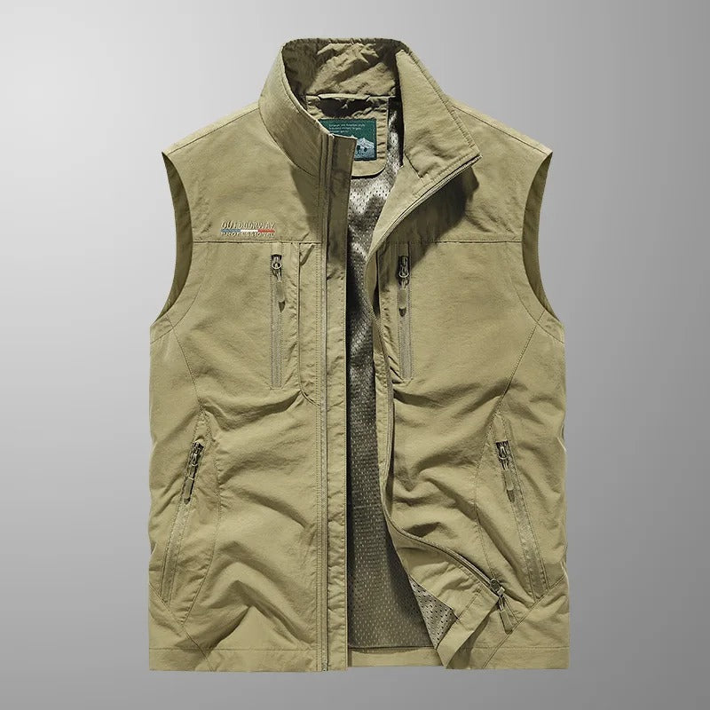 Heren Outdoor Vest met Staande Kraag en Meerdere Ritszakken Khaki