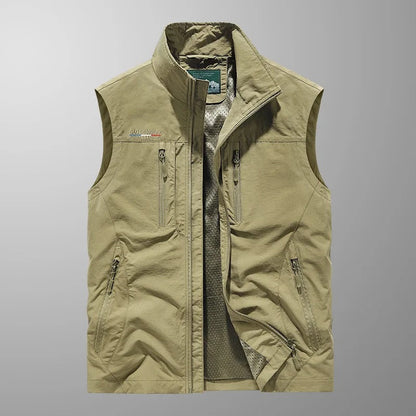 Heren Outdoor Vest met Staande Kraag en Meerdere Ritszakken Khaki