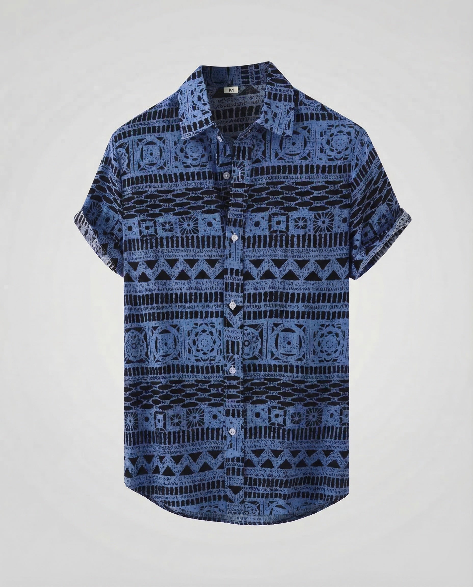 Heren Overhemd Korte Mouw met Etnisch Patroon en Klassieke Kraag Blauw