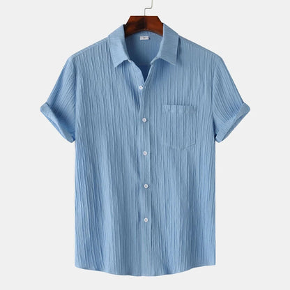 Heren Overhemd Korte Mouw met Spreidkraag en Borstzakje Blauw