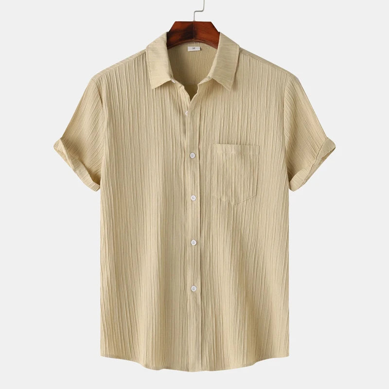Heren Overhemd Korte Mouw met Spreidkraag en Borstzakje Beige