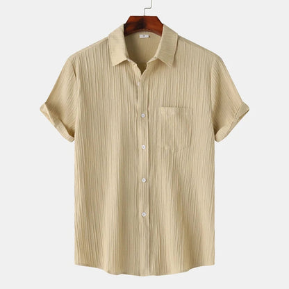 Heren Overhemd Korte Mouw met Spreidkraag en Borstzakje Beige