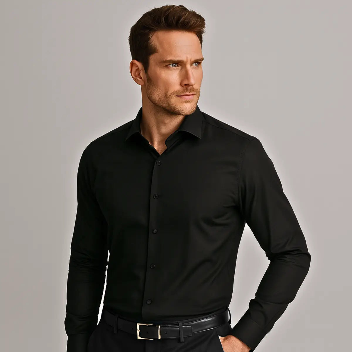 Heren Overhemd Lange Mouw Kreukvrij met Cutaway Kraag Slim Fit Zwart