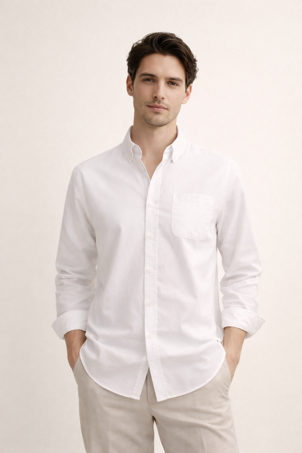 Heren Overhemd Lange Mouw met Button-down Kraag en Borstzak Wit