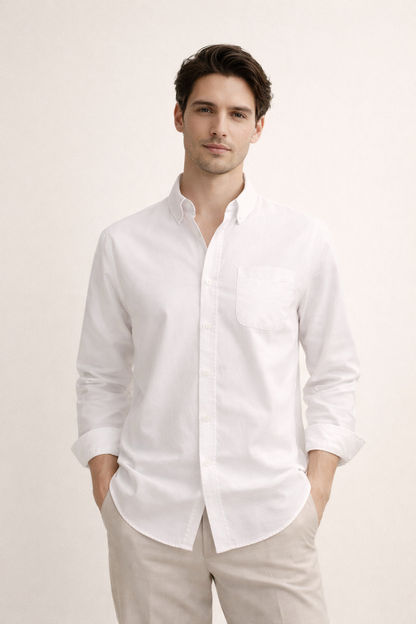 Heren Overhemd Lange Mouw met Button-down Kraag en Borstzak Wit