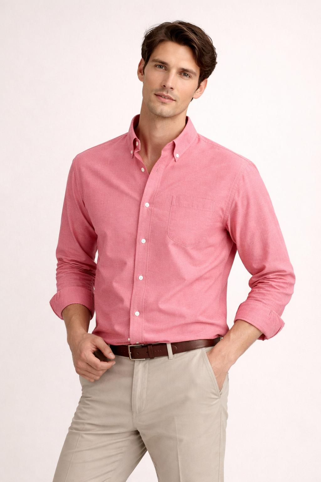 Heren Overhemd Lange Mouw met Button-down Kraag en Borstzak Rood