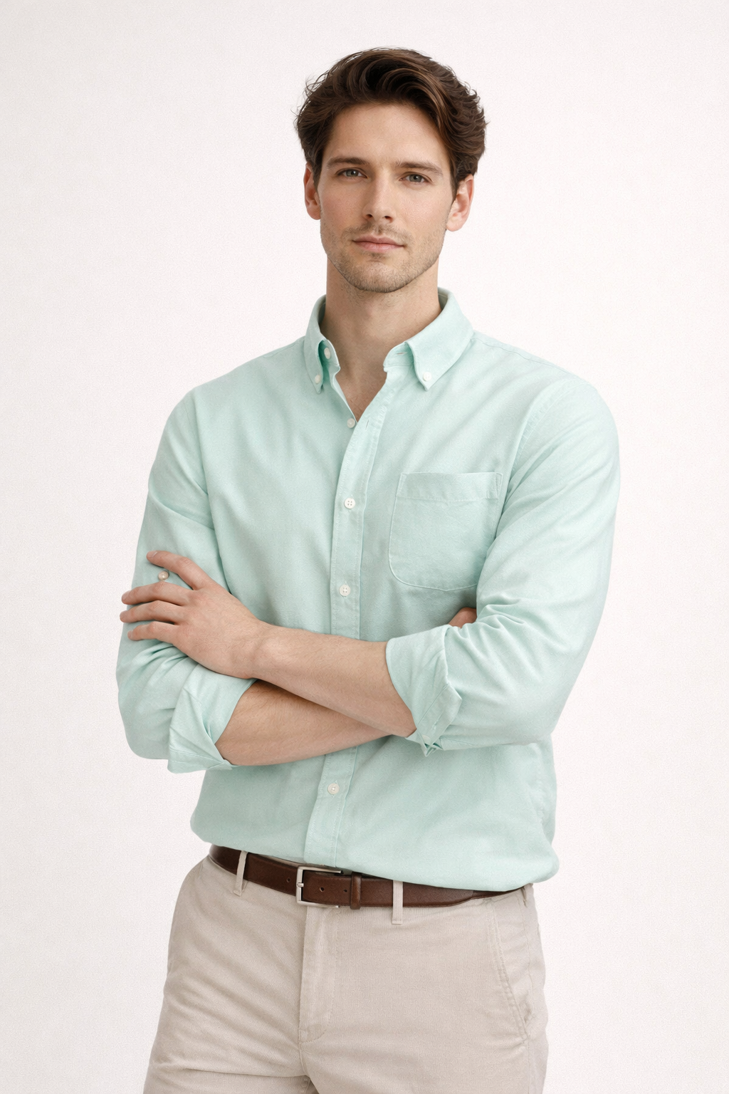 Heren Overhemd Lange Mouw met Button-down Kraag en Borstzak Groen