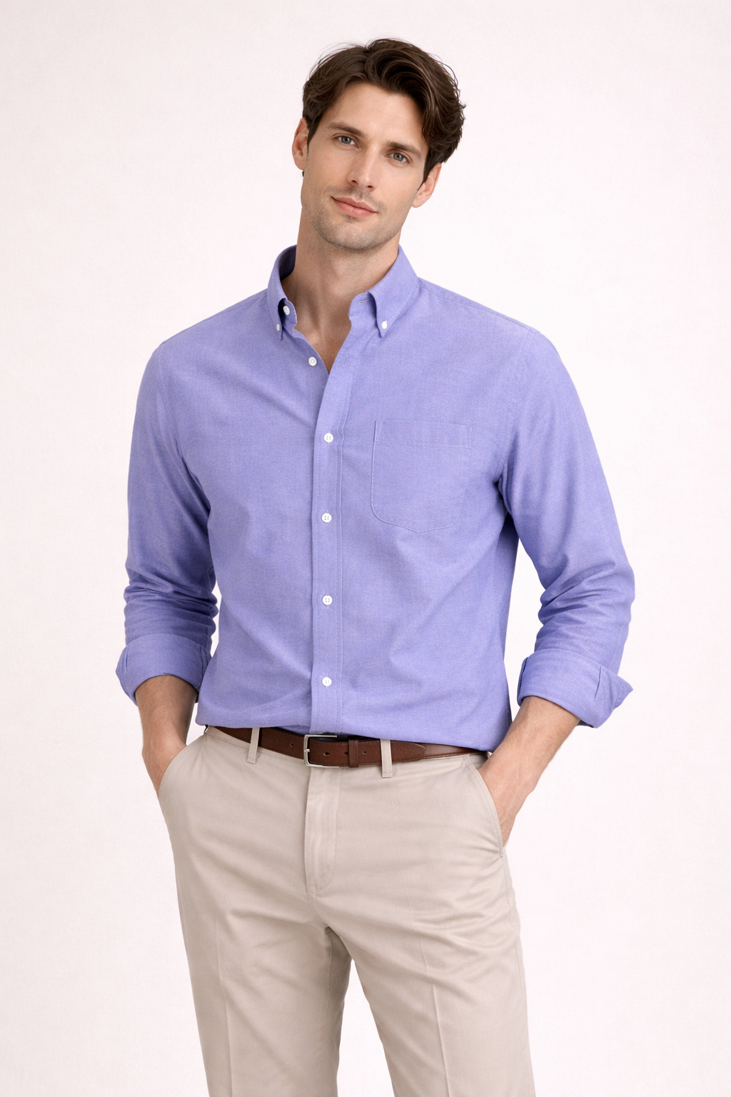 Heren Overhemd Lange Mouw met Button-down Kraag en Borstzak Blauw