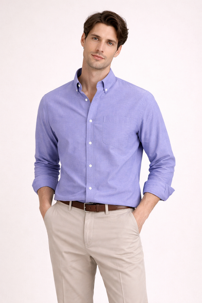 Heren Overhemd Lange Mouw met Button-down Kraag en Borstzak Blauw