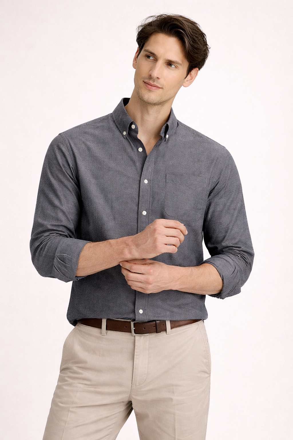 Heren Overhemd Lange Mouw met Button-down Kraag en Borstzak Grijs