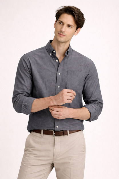 Heren Overhemd Lange Mouw met Button-down Kraag en Borstzak Grijs