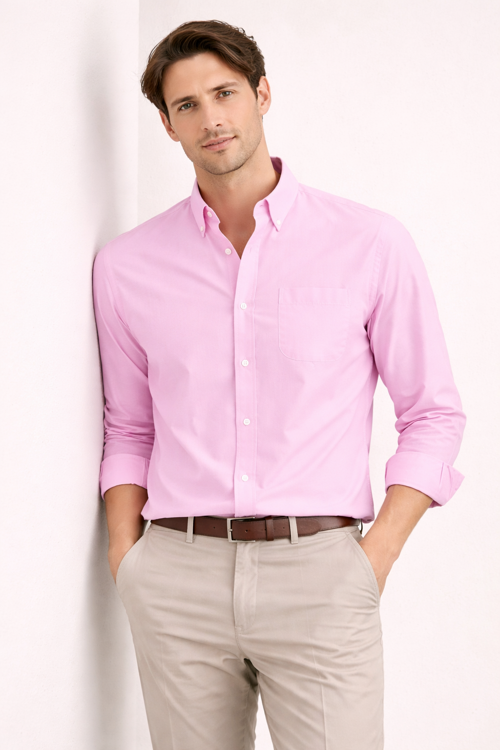 Heren Overhemd Lange Mouw met Button-down Kraag en Borstzak Roze