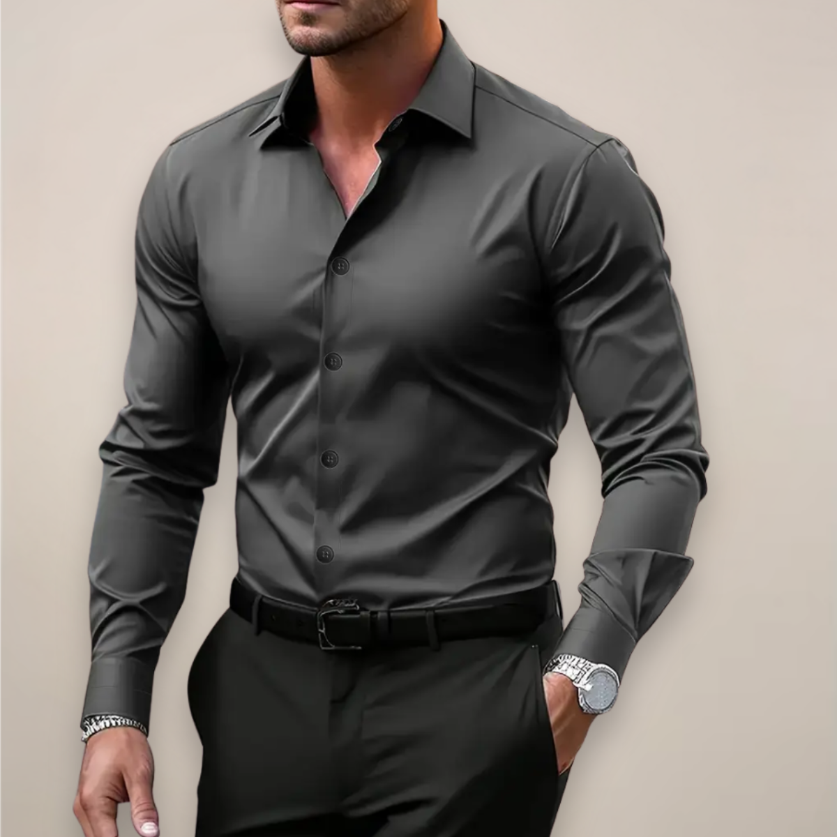 Heren Overhemd Lange Mouw met Klassieke Kraag en Slim Fit Donkergrijs