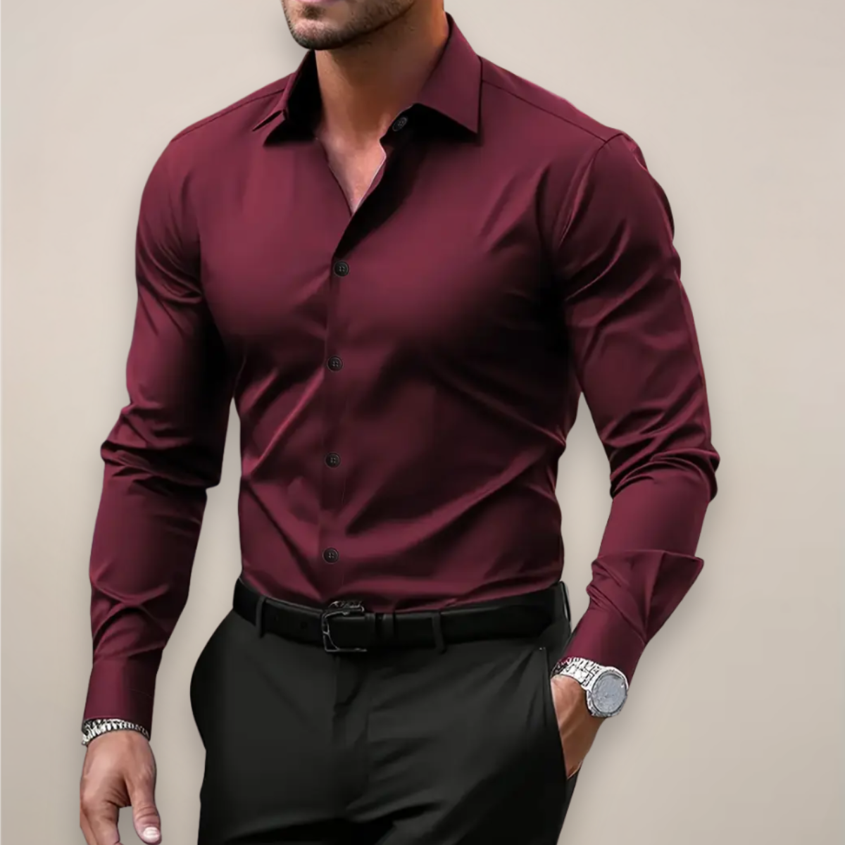 Heren Overhemd Lange Mouw met Klassieke Kraag en Slim Fit Bordeauxrood