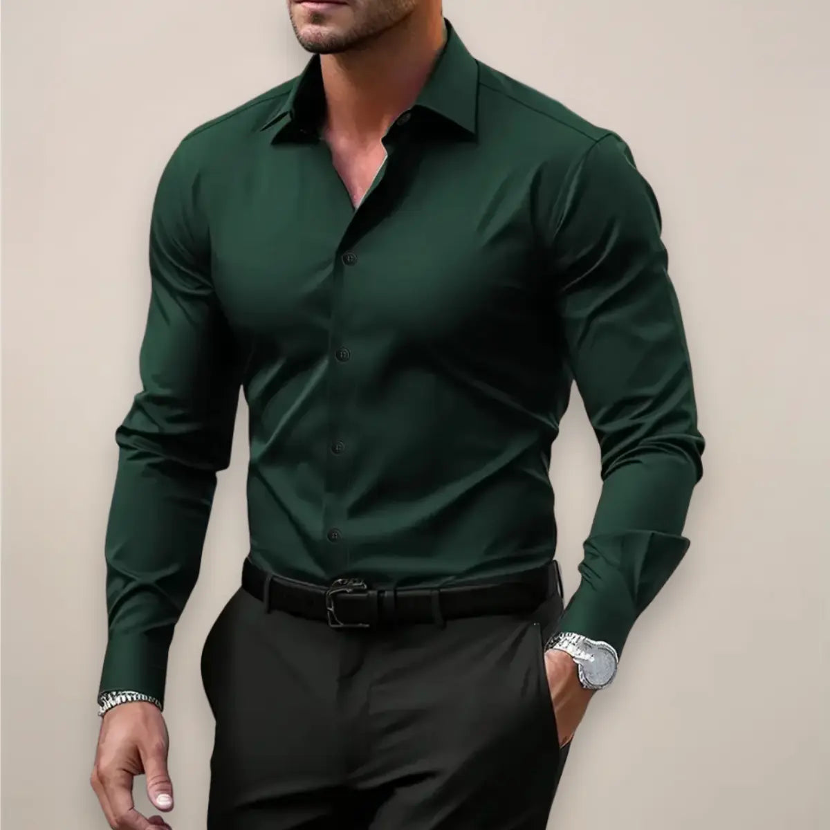 Heren Overhemd Lange Mouw met Klassieke Kraag en Slim Fit Donkergroen