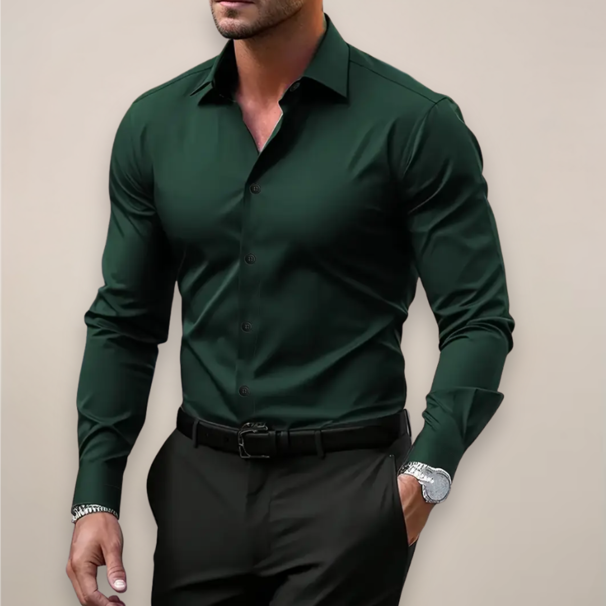 Heren Overhemd Lange Mouw met Klassieke Kraag en Slim Fit Donkergroen
