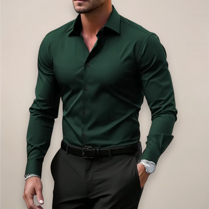 Heren Overhemd Lange Mouw met Klassieke Kraag en Slim Fit Donkergroen