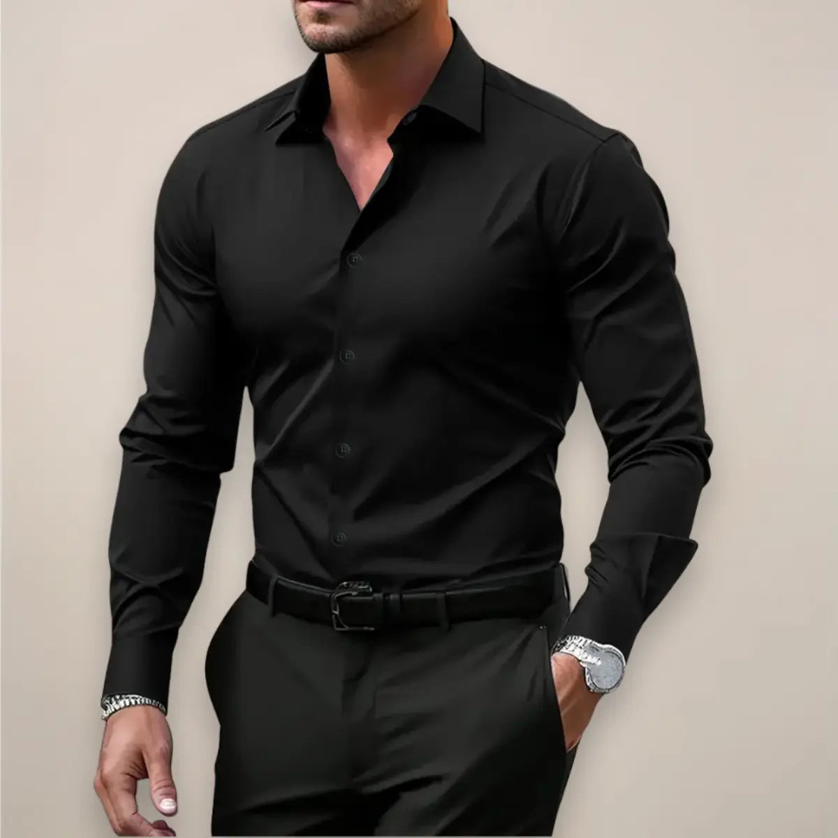 Heren Overhemd Lange Mouw met Klassieke Kraag en Slim Fit Zwart