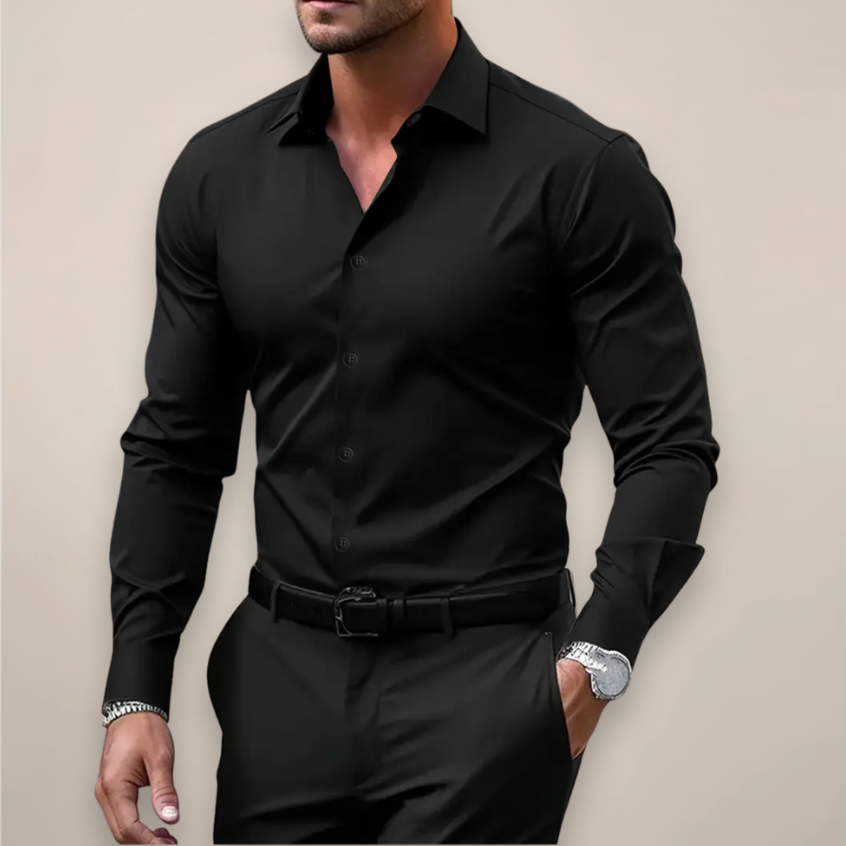 Heren Overhemd Lange Mouw met Klassieke Kraag en Slim Fit Zwart